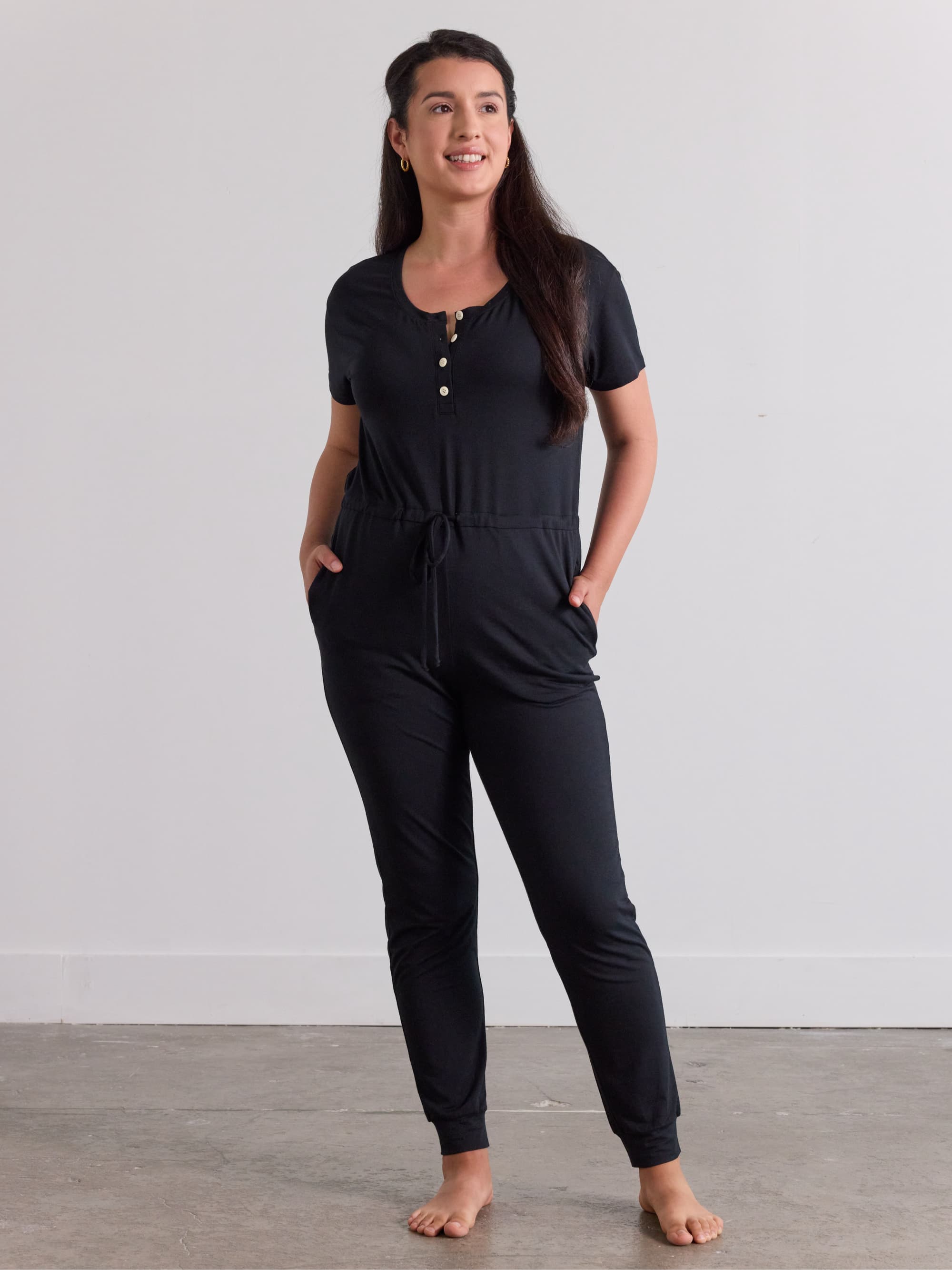 Short sleeve store jumpsuit black